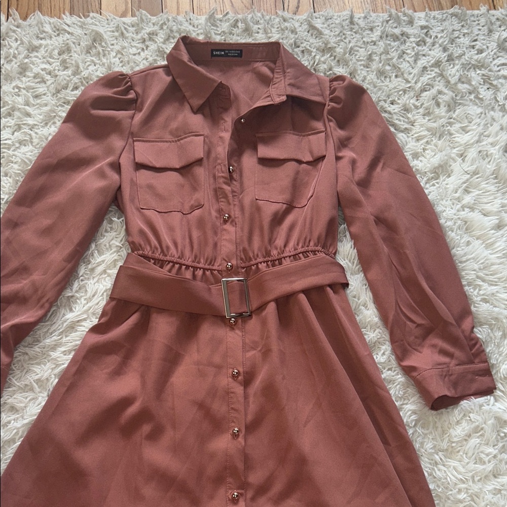 SHEIN Rust Button-Front Long-Sleeve Belted Shirt Dress